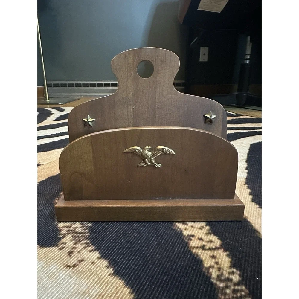 Vintage Mid century Eagle Wooden‎ Brass Letter Recipe Napkin Holder
